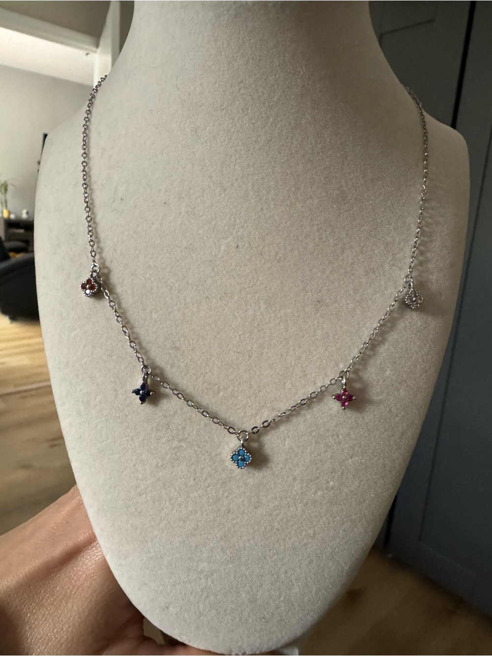 Sterling Silver Multi-Stone Charm Necklace in Blue, Pink, Purple, Red, and Clear